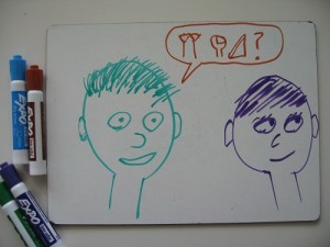 I looked this up before drawing it. The English translation: "Two heads with bowls?" I think he's asking her out on a soup date.