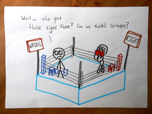 "Also, are you holding your boxing gloves like that because you're preparing to hit me, or because you're concealing your giggles?"