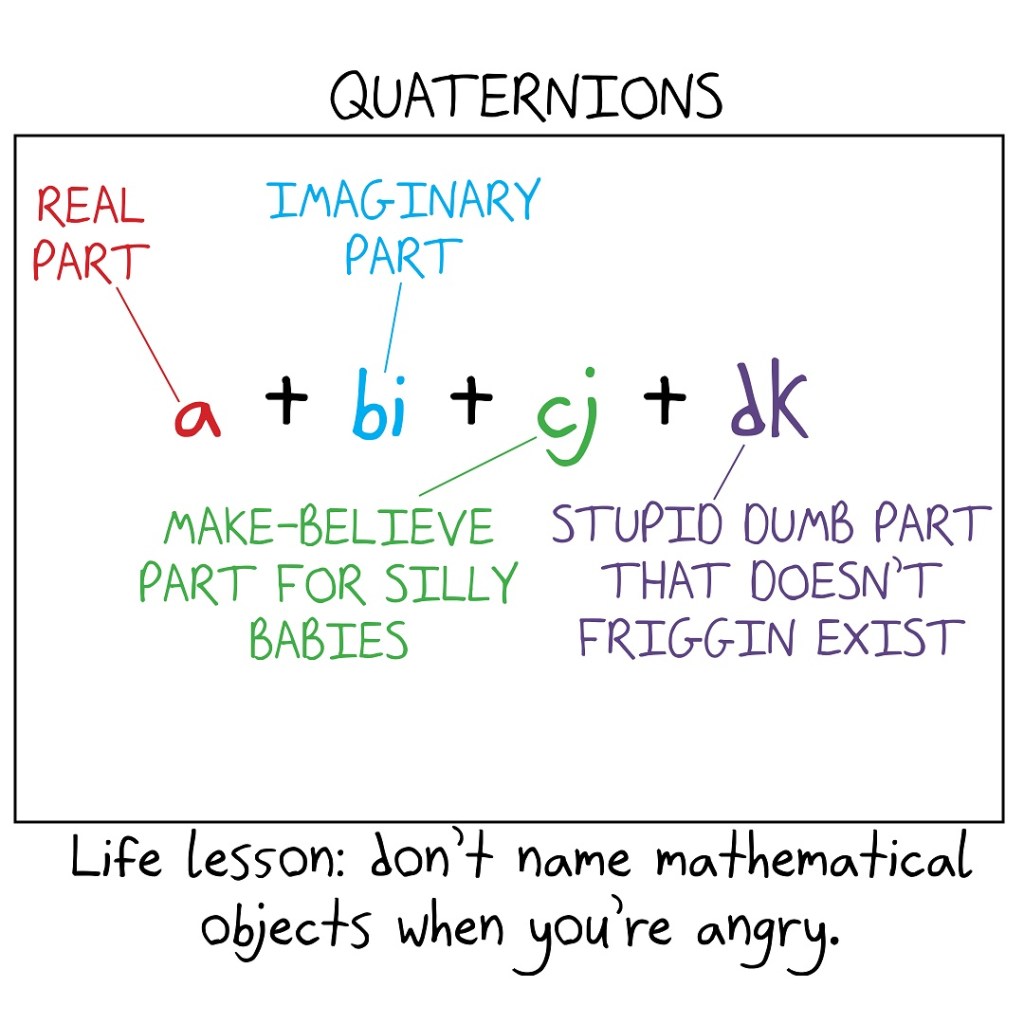 If someone had named quaternions when they were angry, we'd have the "real part," "imaginary party," the "make-believe part for silly babies," and the "stupid dumb part that doesn't friggin' exist."