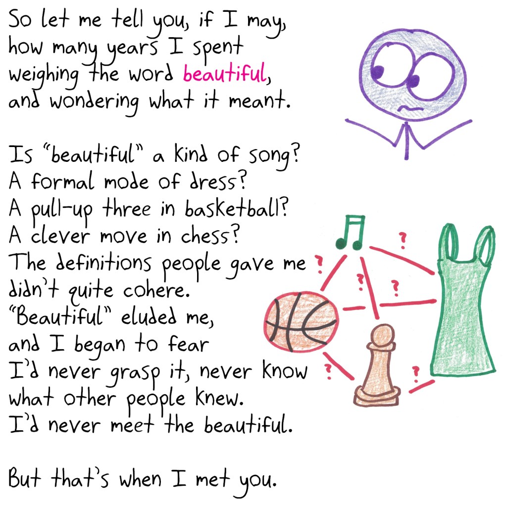 So let me tell you, if I may,
how many years I spent
weighing the word “beautiful,”
and wondering what it meant.
Is “beautiful” a kind of song?
A formal mode of dress?
A pull-up three in basketball?
A clever move in chess?
The definitions people gave me
didn’t quite cohere.
“Beautiful” eluded me,
and I began to fear
I’d never grasp it, never know
what other people knew.
I'd never meet the beautiful.
But that’s when I met you.