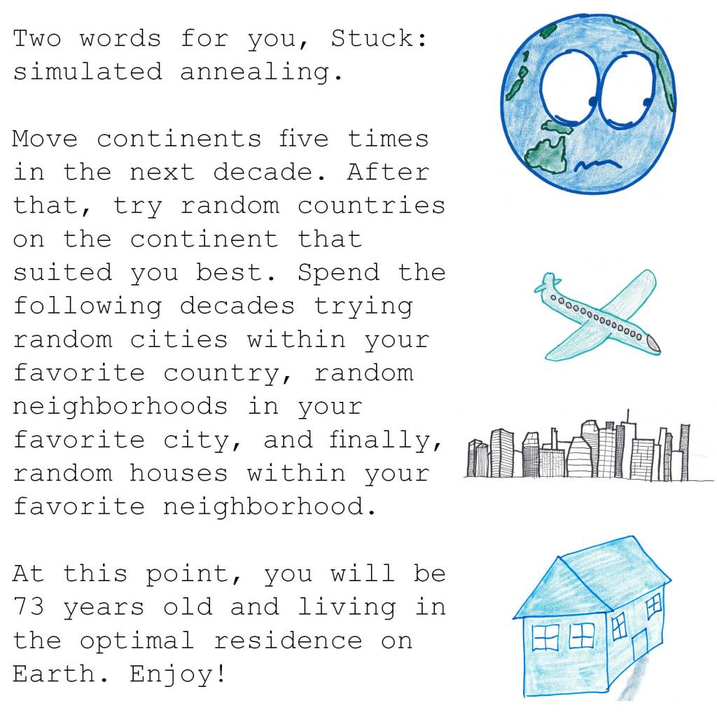 Two words: simulated annealing.

Move continents five times in the next decade. After that, try random countries in the continent that suited you best. Spend the following decade trying random cities within your favorite country, random neighborhoods within your favorite city, and finally, random houses within your favorite neighborhood.

By this point, you will be 72 years old and living in the optimal house on Earth. Enjoy!