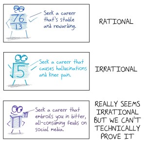 A "rational" number gives rational advice. An "irrational" number gives irrational advice. And the number pi to the pi, which really seems irrational but cannot be proven so, gives advice to match.