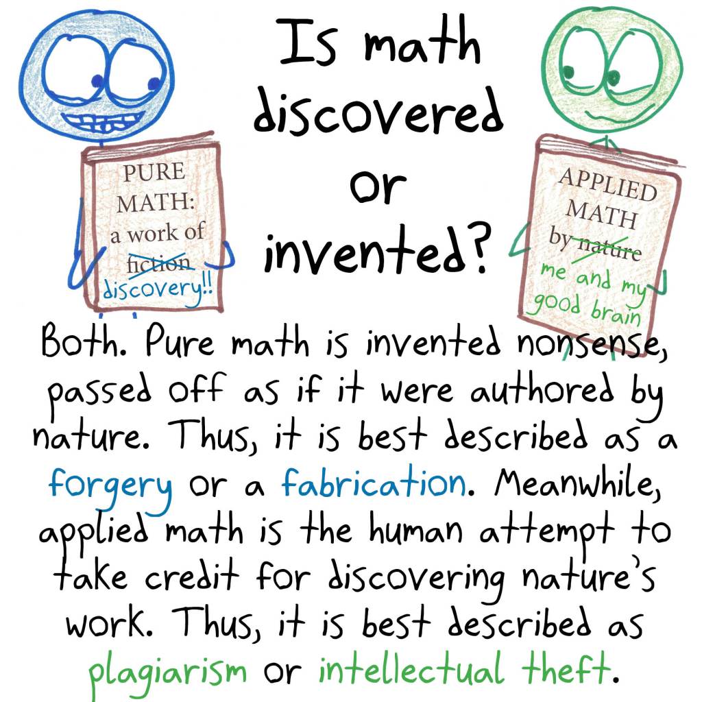 Both. Pure math is invented nonsense, passed off as if it were authored by nature. Thus, it is best described as FORGERY or FABRICATION. Meanwhile, applied math is the human attempt to take credit for discovering nature's work. Thus, it is best described as PLAGIARISM or INTELLECTUAL THEFT.